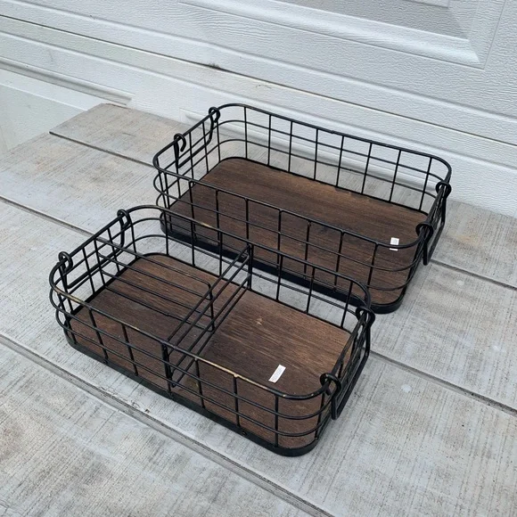 Rustic Nesting Wire Storage Baskets w Wood Base Farmhouse Organizer Set Handles